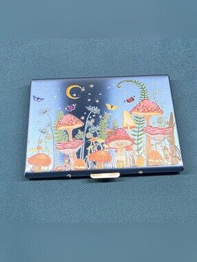 Whimsical Mushroom & Moon Metal Wallet - Blue Background